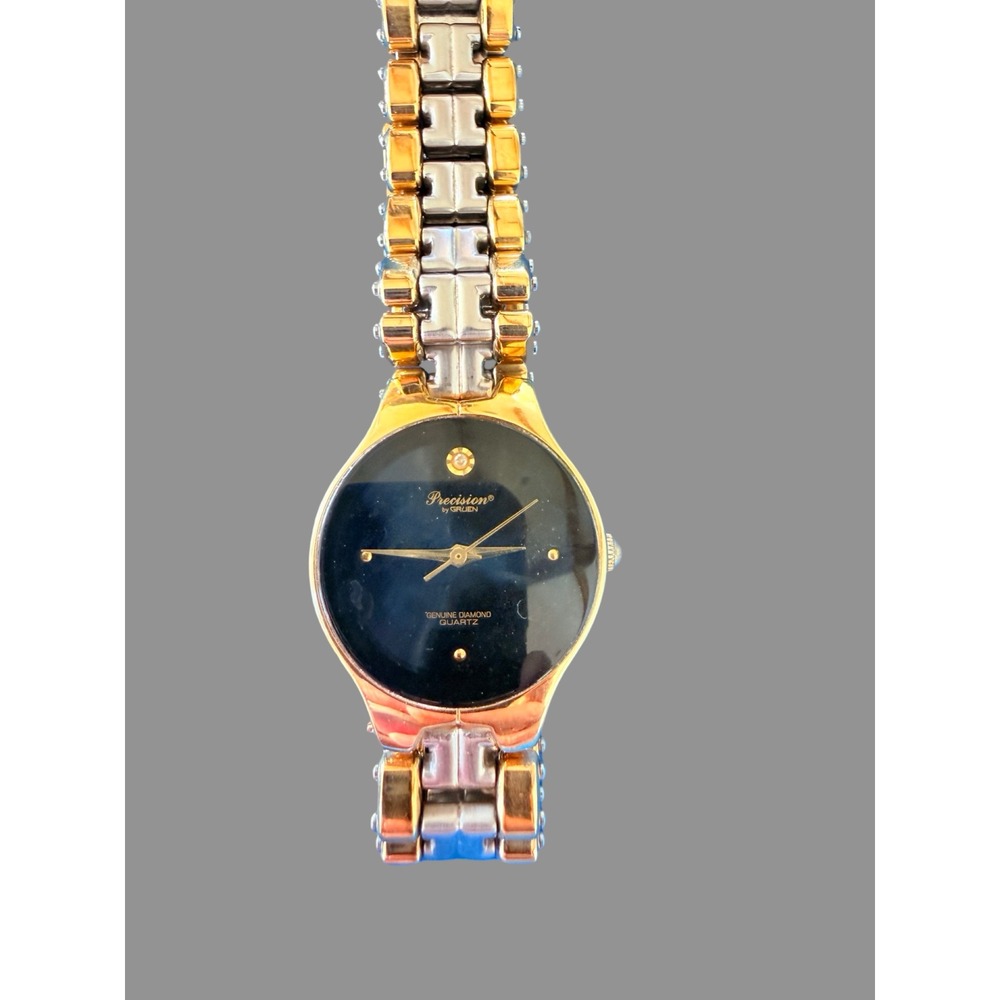 Precision by Gruen Diamond Quartz Watch Black Dial Two-Tone Bracelet